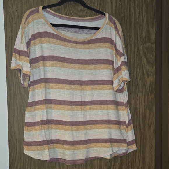24/7 Maurices Tops - Casual Striped Short Sleeve Top - Cream and Brown